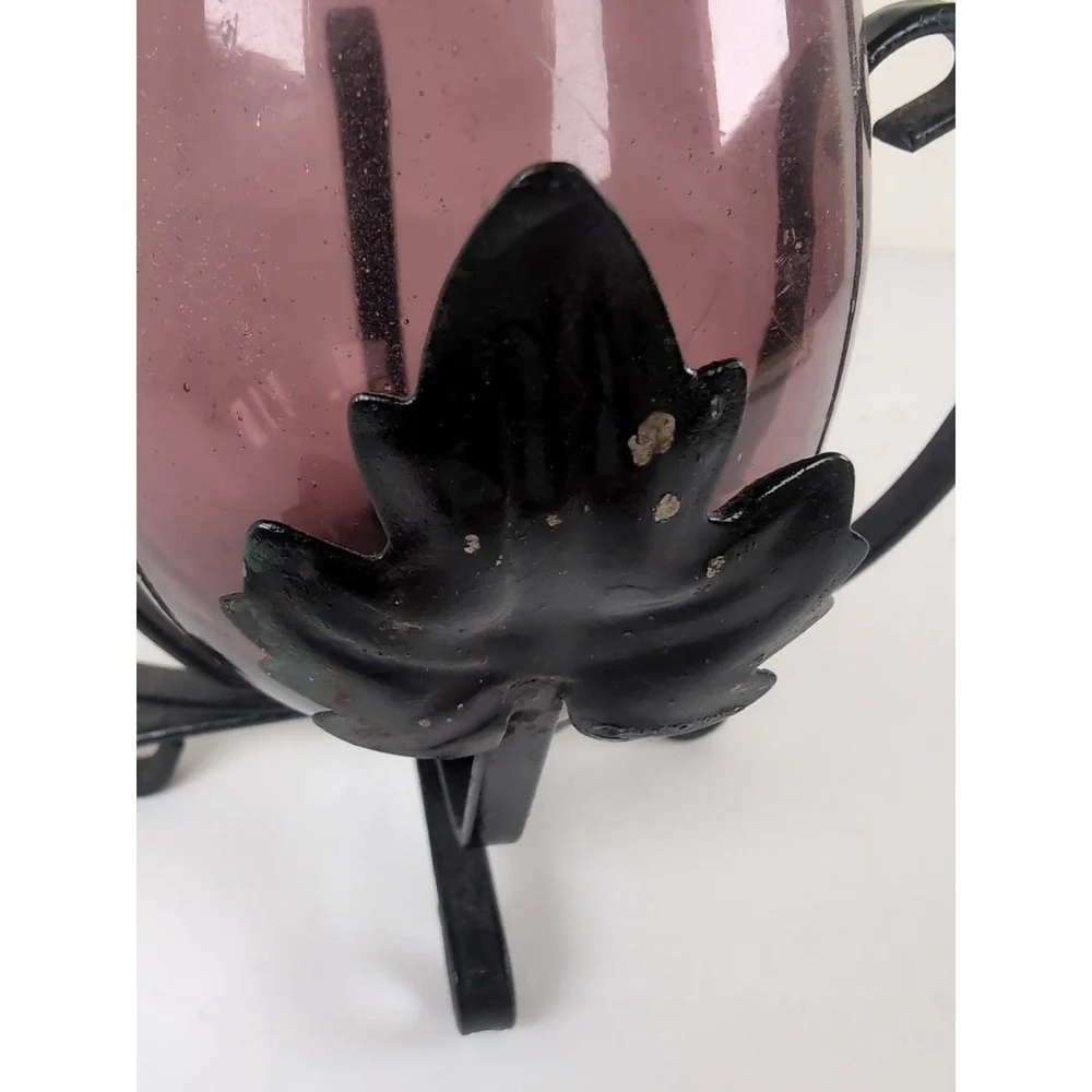 Black Metal Hanging Candle Holder W/Purple Glass Hurricane Footed Vintage Boho